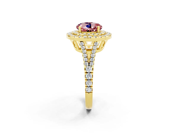 Yellow gold Round Cut Morganite Double Halo Ring with Pavé Band and Prong Setting