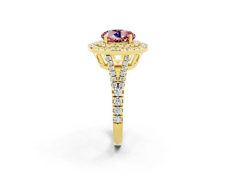 Yellow gold Round Cut Morganite Double Halo Ring with Pavé Band and Prong Setting_14