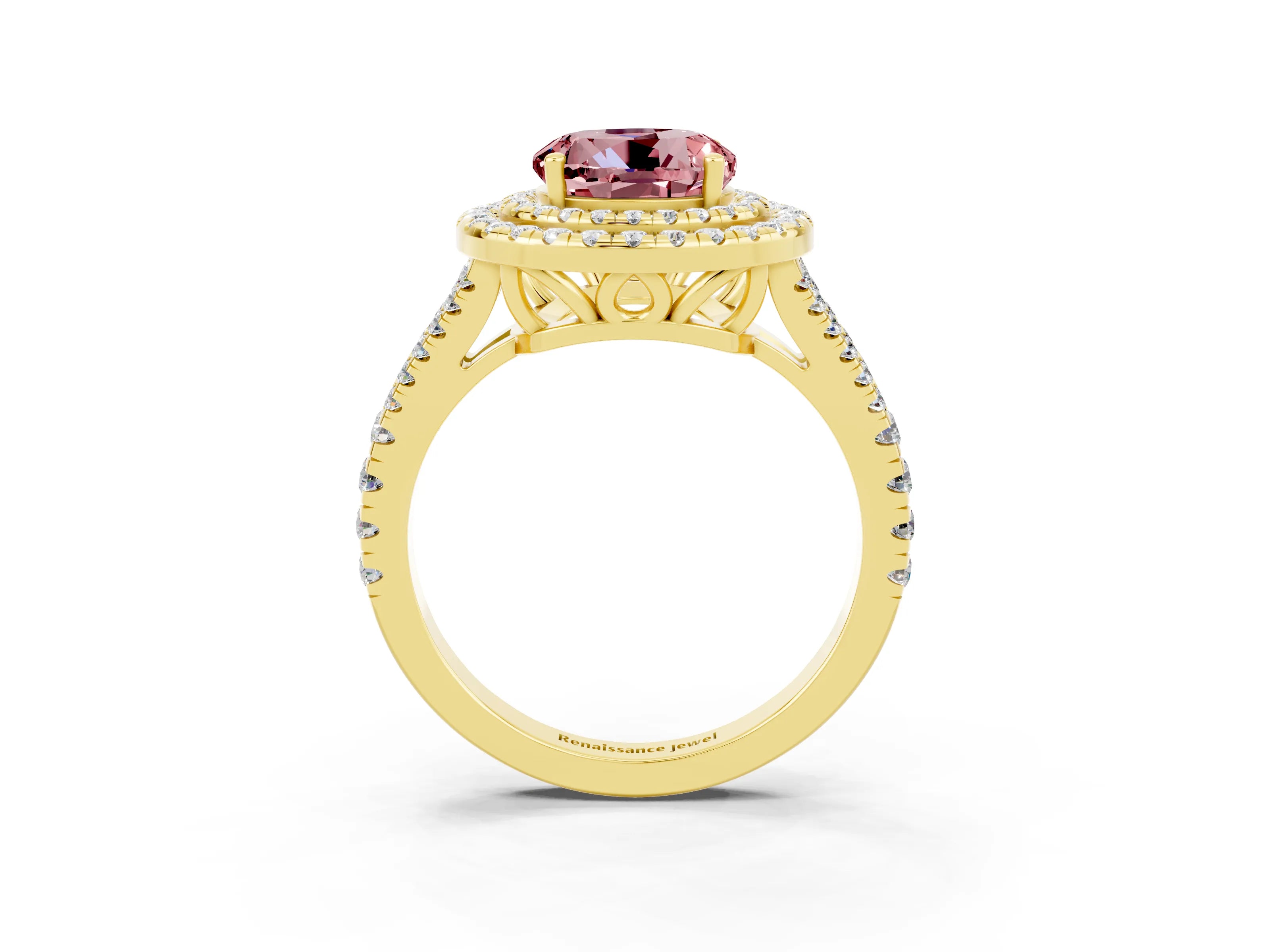 Yellow gold Round Cut Morganite Double Halo Ring with Pavé Band and Prong Setting_15