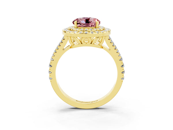 Yellow gold Round Cut Morganite Double Halo Ring with Pavé Band and Prong Setting