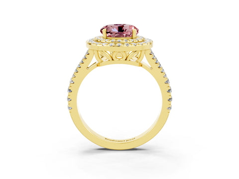 Yellow gold Round Cut Morganite Double Halo Ring with Pavé Band and Prong Setting_15