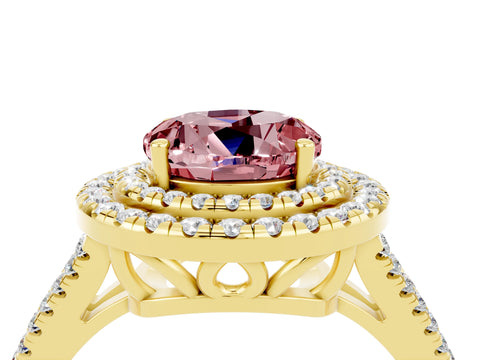 Yellow gold Round Cut Morganite Double Halo Ring with Pavé Band and Prong Setting_16