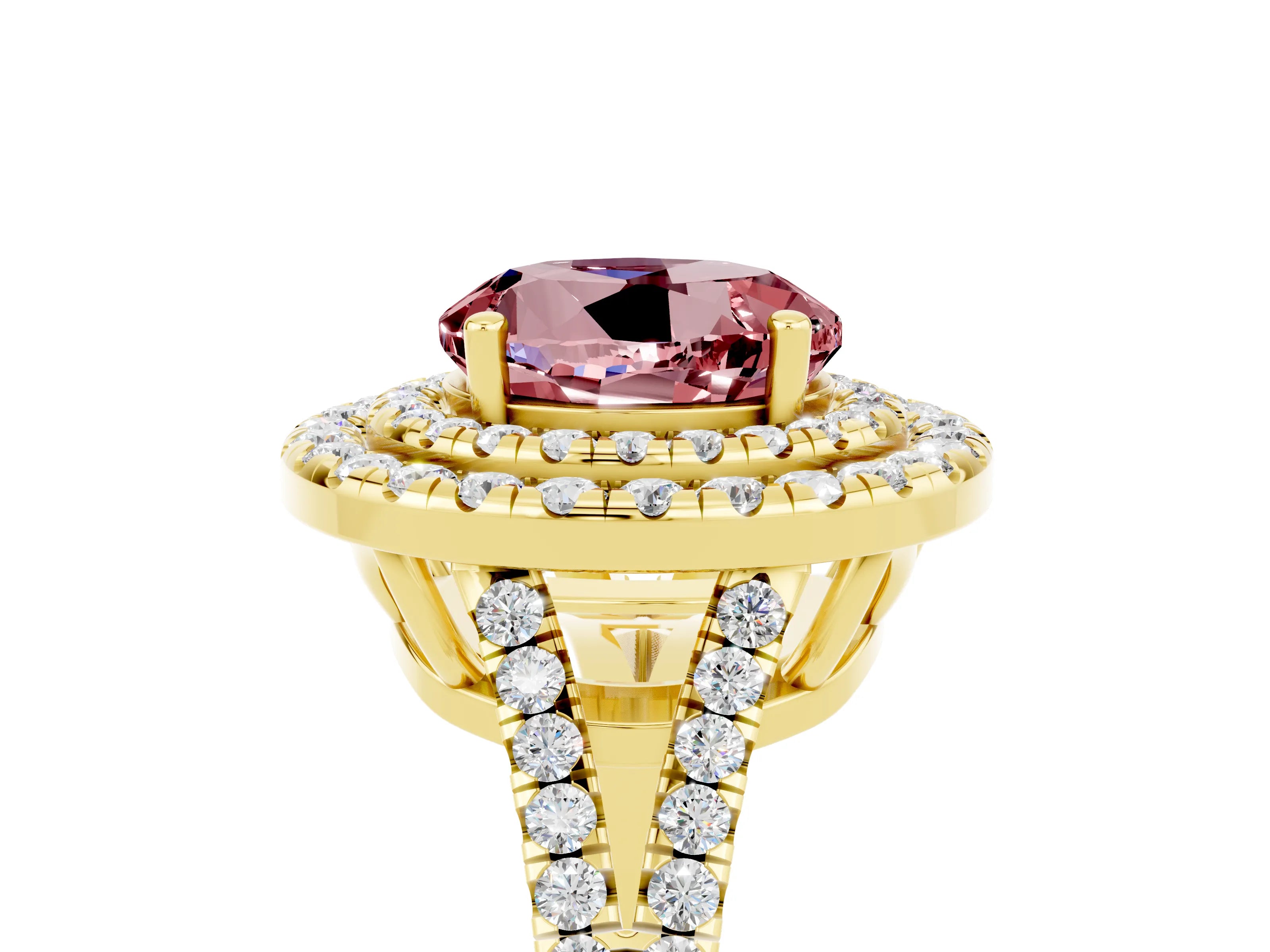 Yellow gold Round Cut Morganite Double Halo Ring with Pavé Band and Prong Setting_17