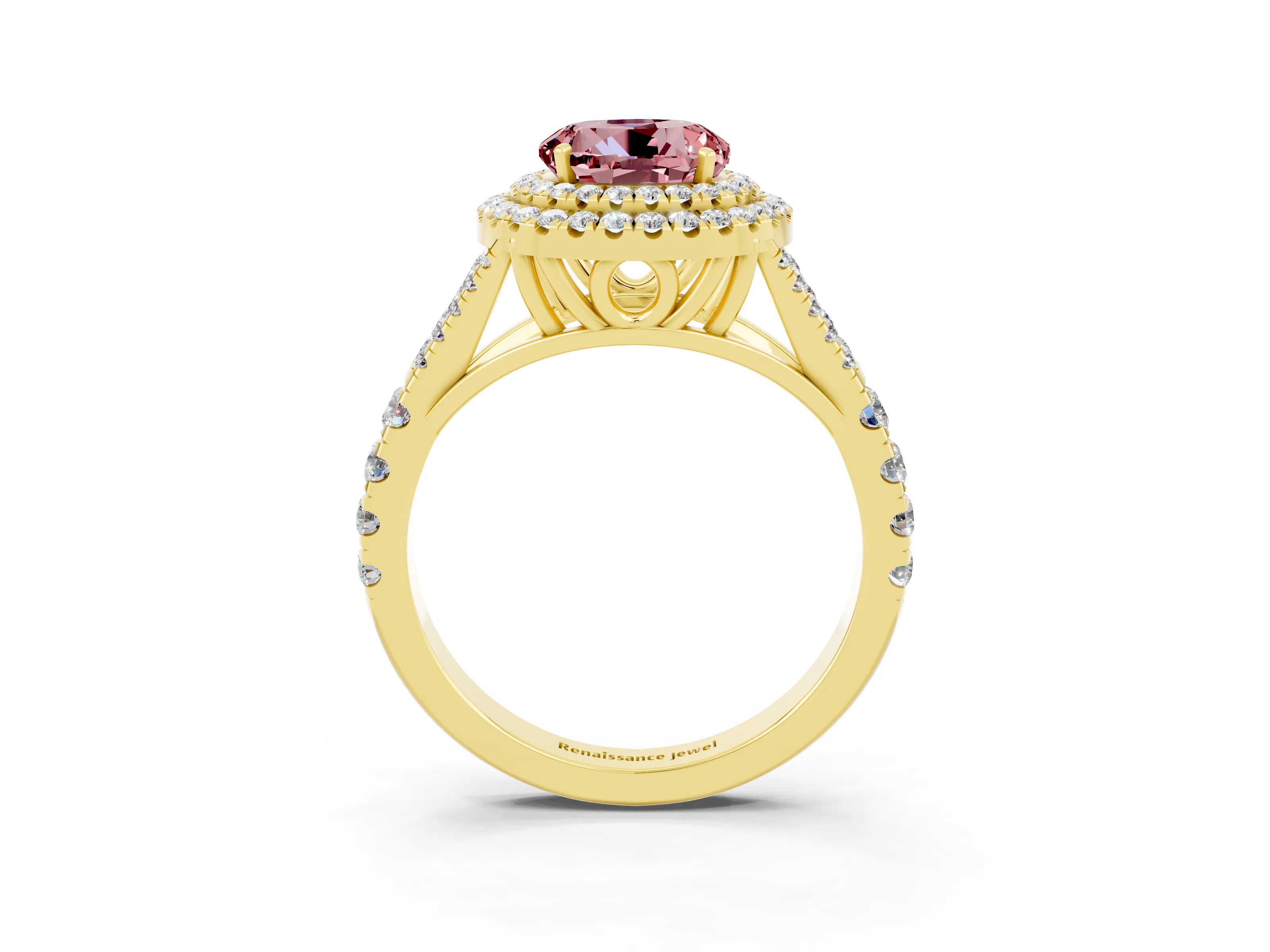 Yellow gold Round Cut Morganite Double Halo Ring with Split Shank and Prong Setting_15