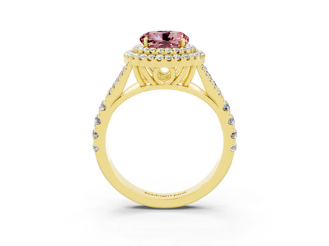 Yellow gold Round Cut Morganite Double Halo Ring with Split Shank and Prong Setting_15