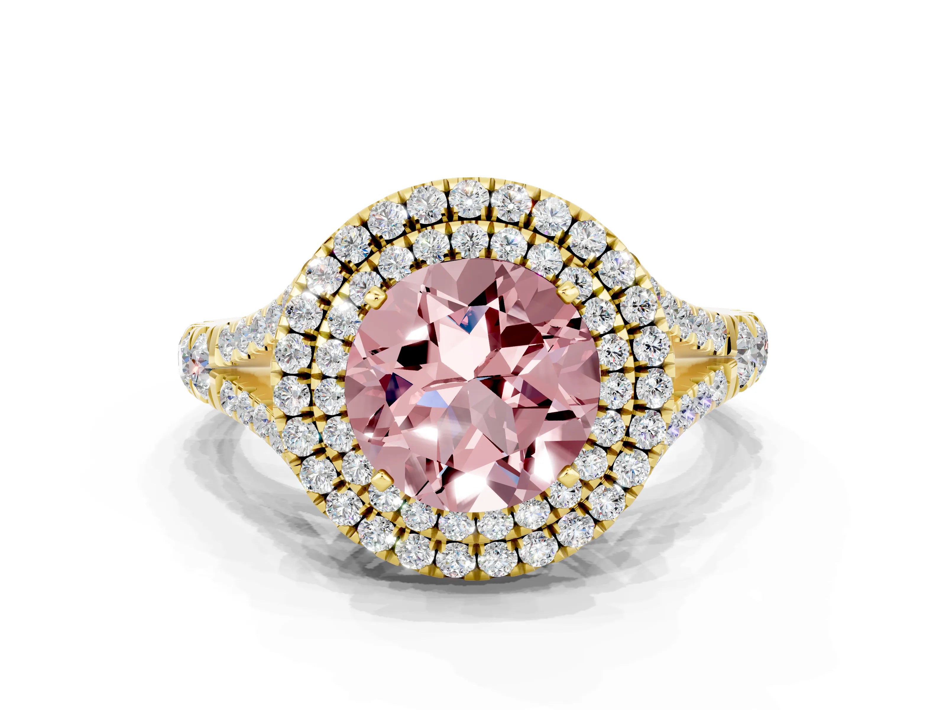 Yellow gold Round Cut Morganite Double Halo Ring with Split Shank and Prong Setting_20