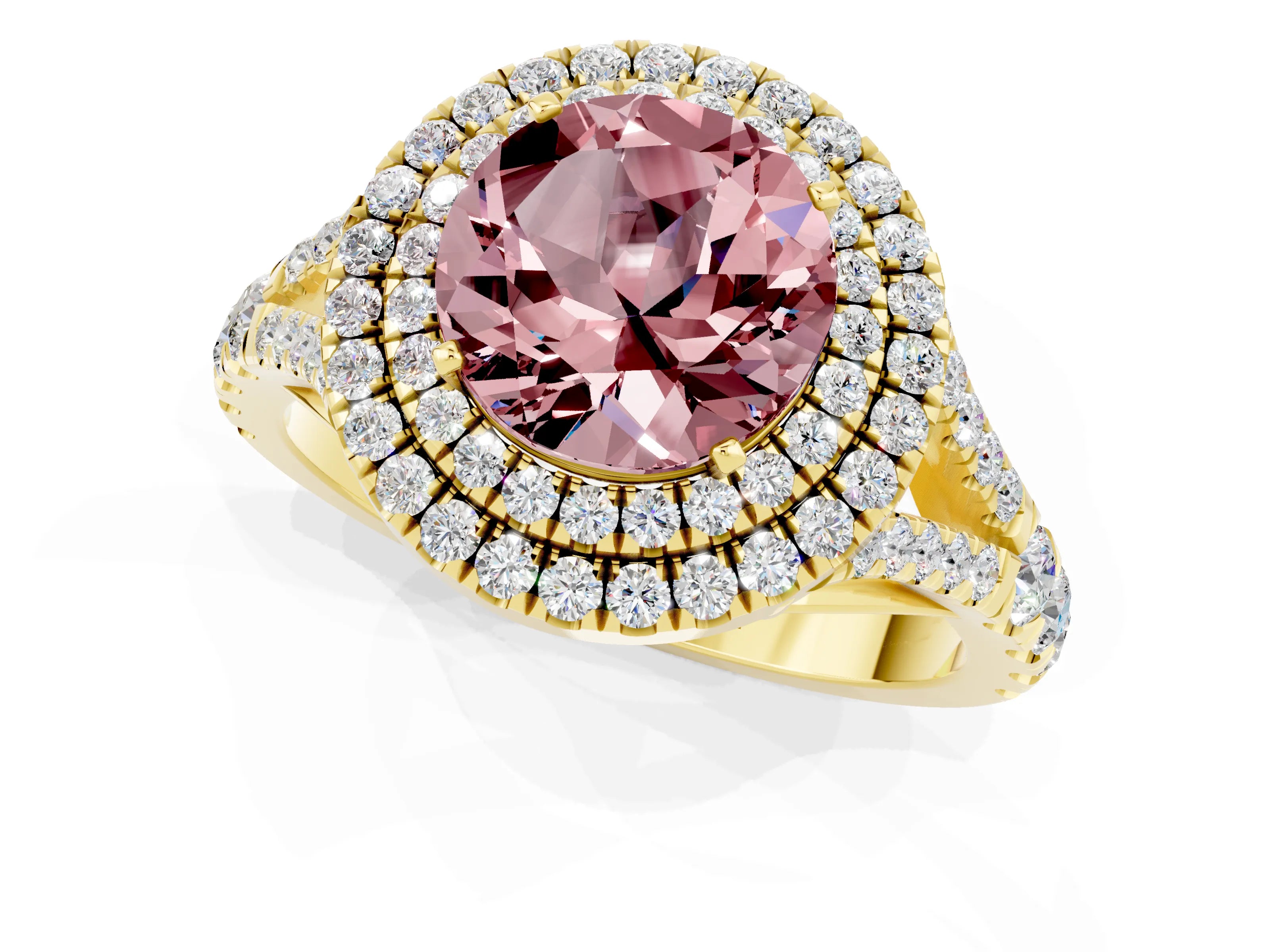 Yellow gold Round Cut Morganite Double Halo Ring with Split Shank and Prong Setting_21