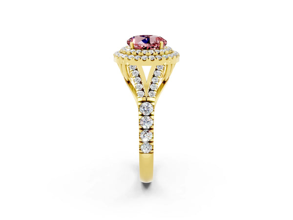 Yellow gold Round Cut Morganite Double Halo Ring with Split Shank and Prong Setting