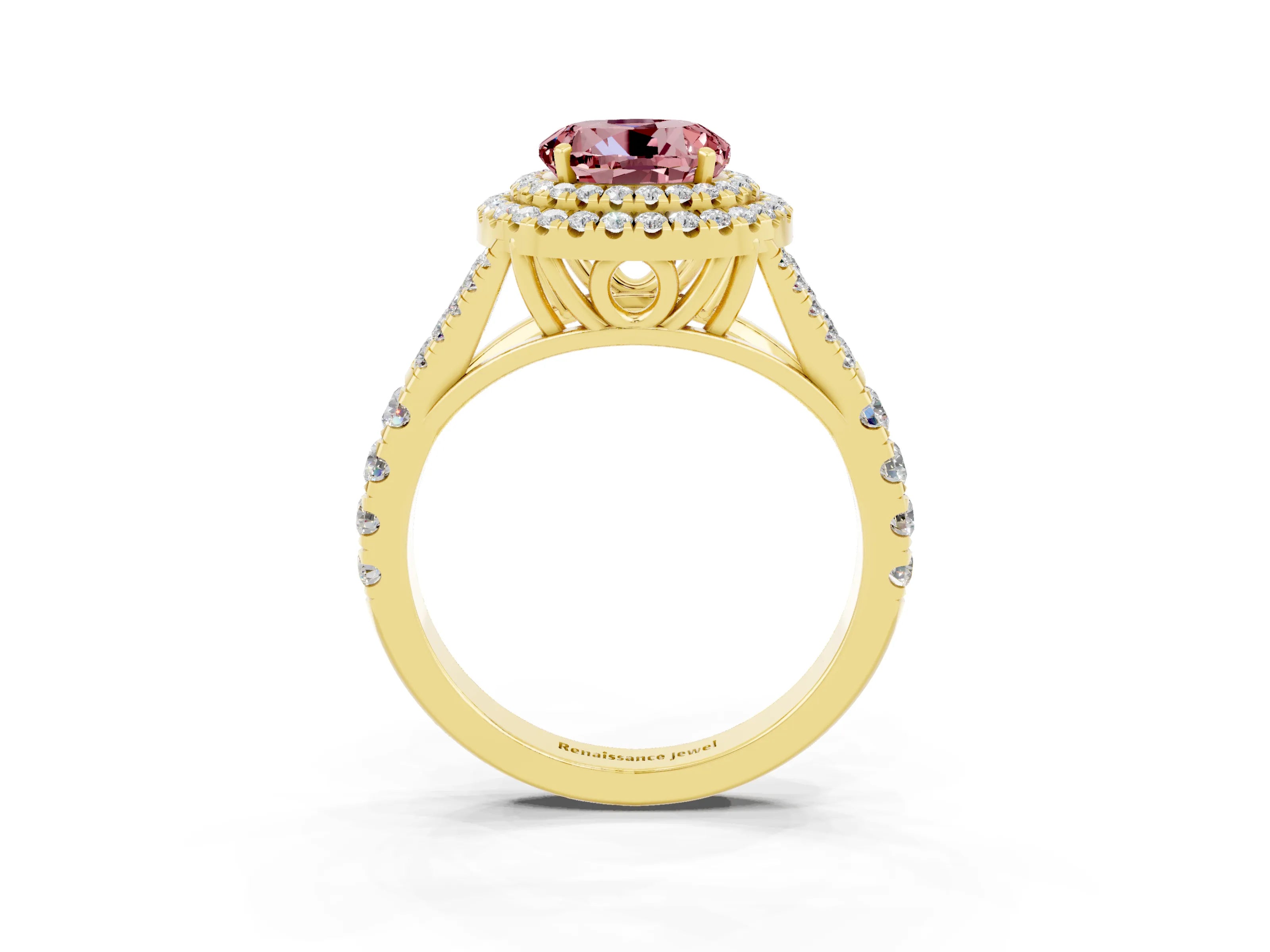 Yellow gold Round Cut Morganite Double Halo Ring with Split Shank and Prong Setting_23