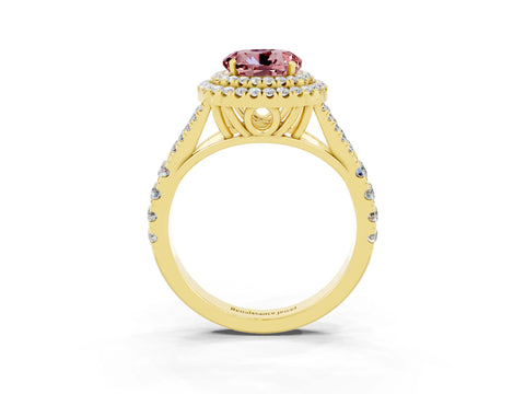 Yellow gold Round Cut Morganite Double Halo Ring with Split Shank and Prong Setting_23
