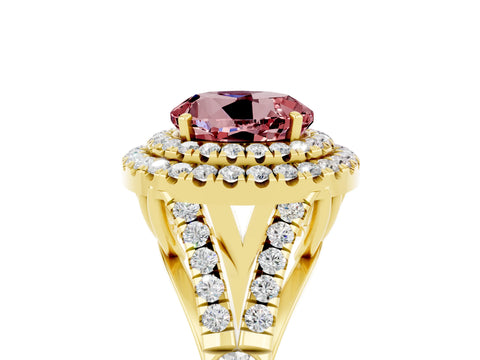 Yellow gold Round Cut Morganite Double Halo Ring with Split Shank and Prong Setting_25