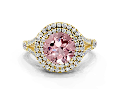 Yellow gold Round Cut Morganite Double Halo Ring with Split Shank and Prong Setting_32