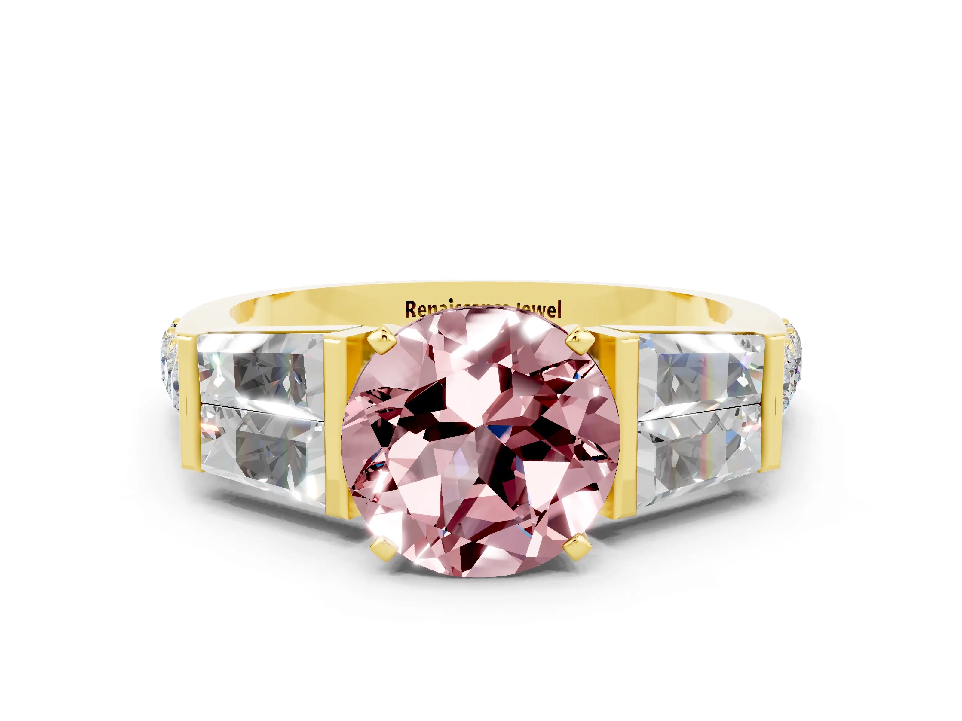Yellow gold Round Cut Morganite Engagement Ring with Baguette Side Stones and Channel Set Band