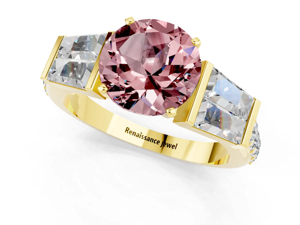 Yellow gold Round Cut Morganite Engagement Ring with Baguette Side Stones and Channel Set Band