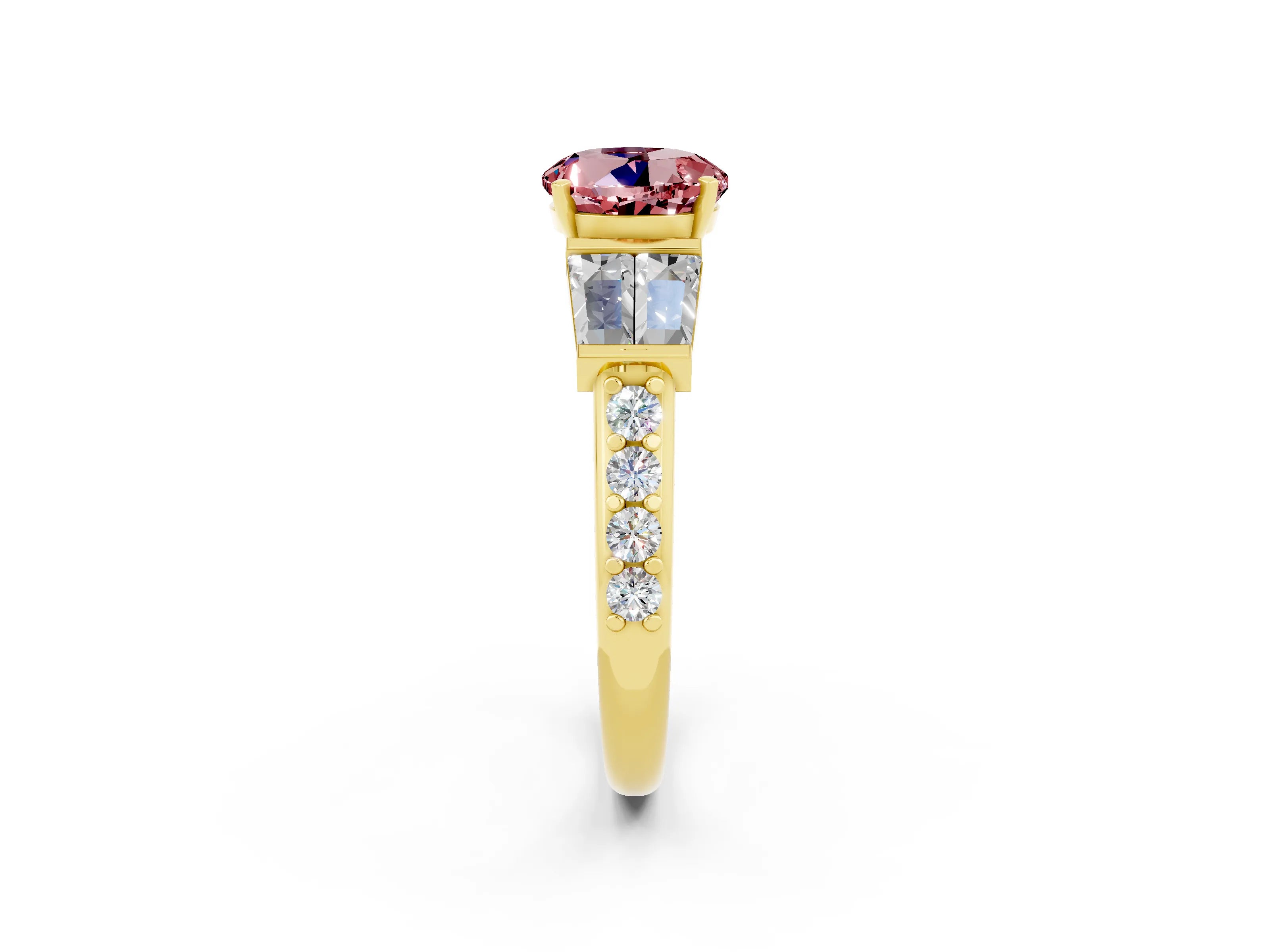 Yellow gold Round Cut Morganite Engagement Ring with Baguette Side Stones and Channel Set Band_2
