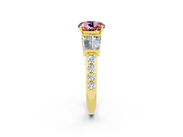 Yellow gold Round Cut Morganite Engagement Ring with Baguette Side Stones and Channel Set Band