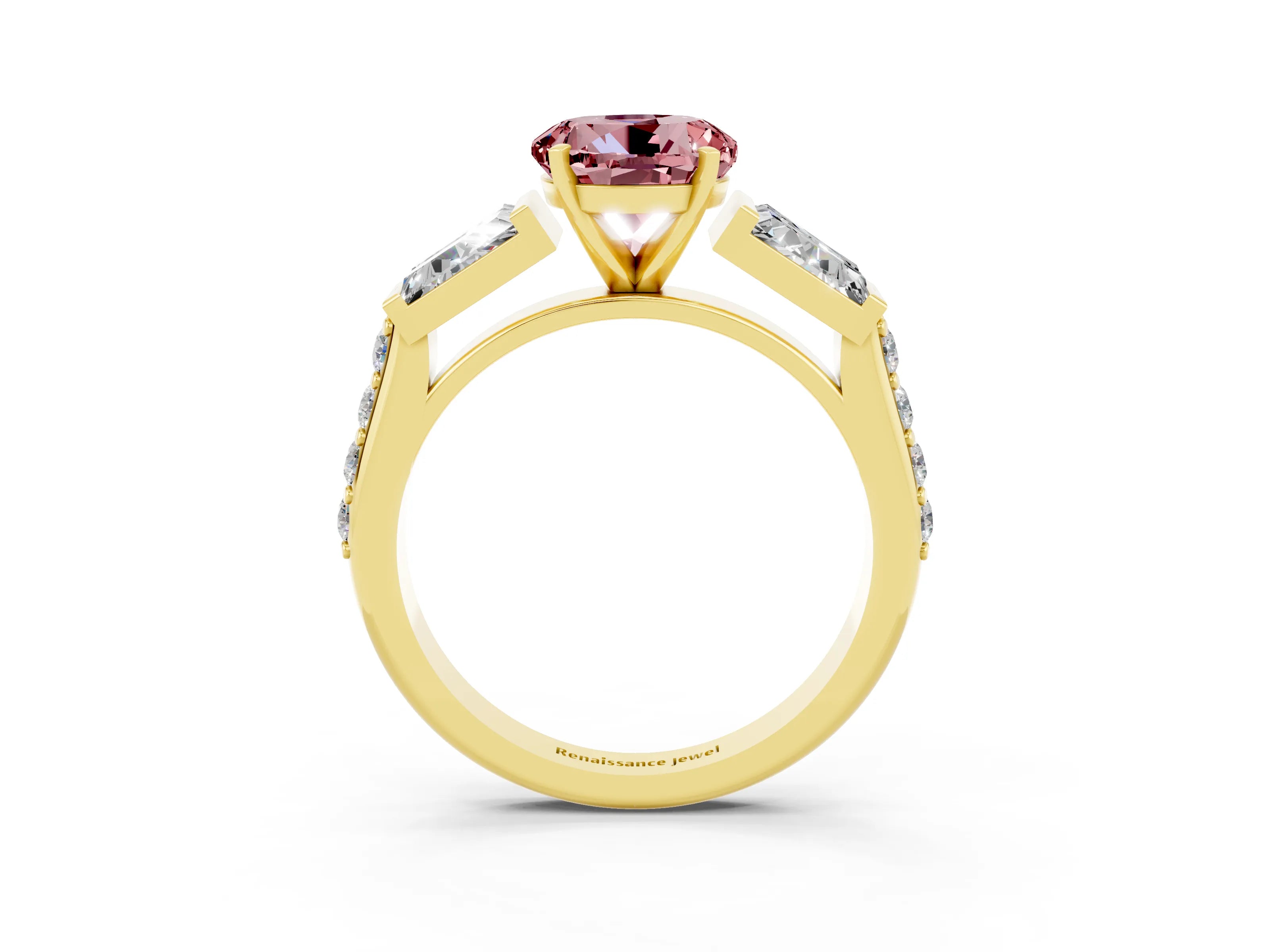 Yellow gold Round Cut Morganite Engagement Ring with Baguette Side Stones and Channel Set Band_3