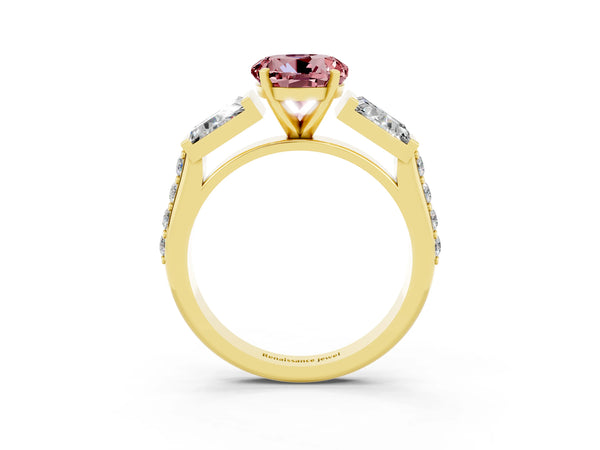 Yellow gold Round Cut Morganite Engagement Ring with Baguette Side Stones and Channel Set Band