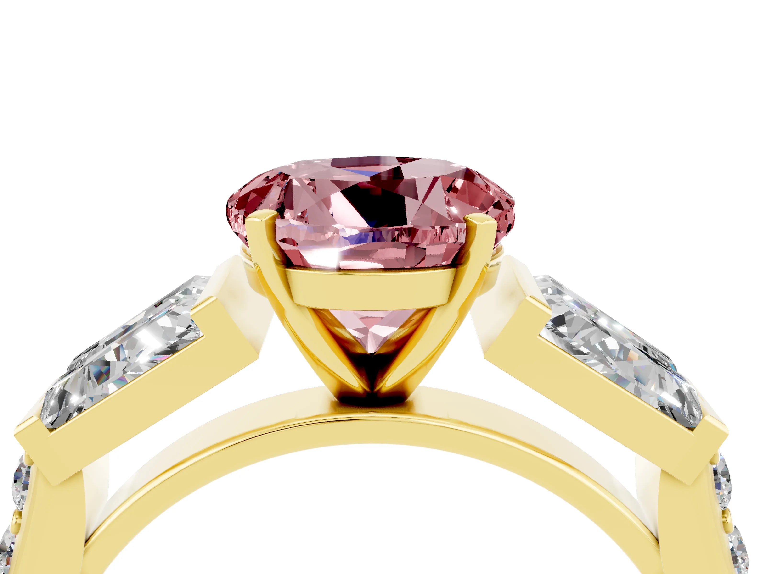 Yellow gold Round Cut Morganite Engagement Ring with Baguette Side Stones and Channel Set Band_4