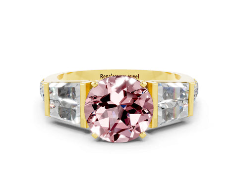 Yellow gold Round Cut Morganite Engagement Ring with Baguette Side Stones and Channel Set Band