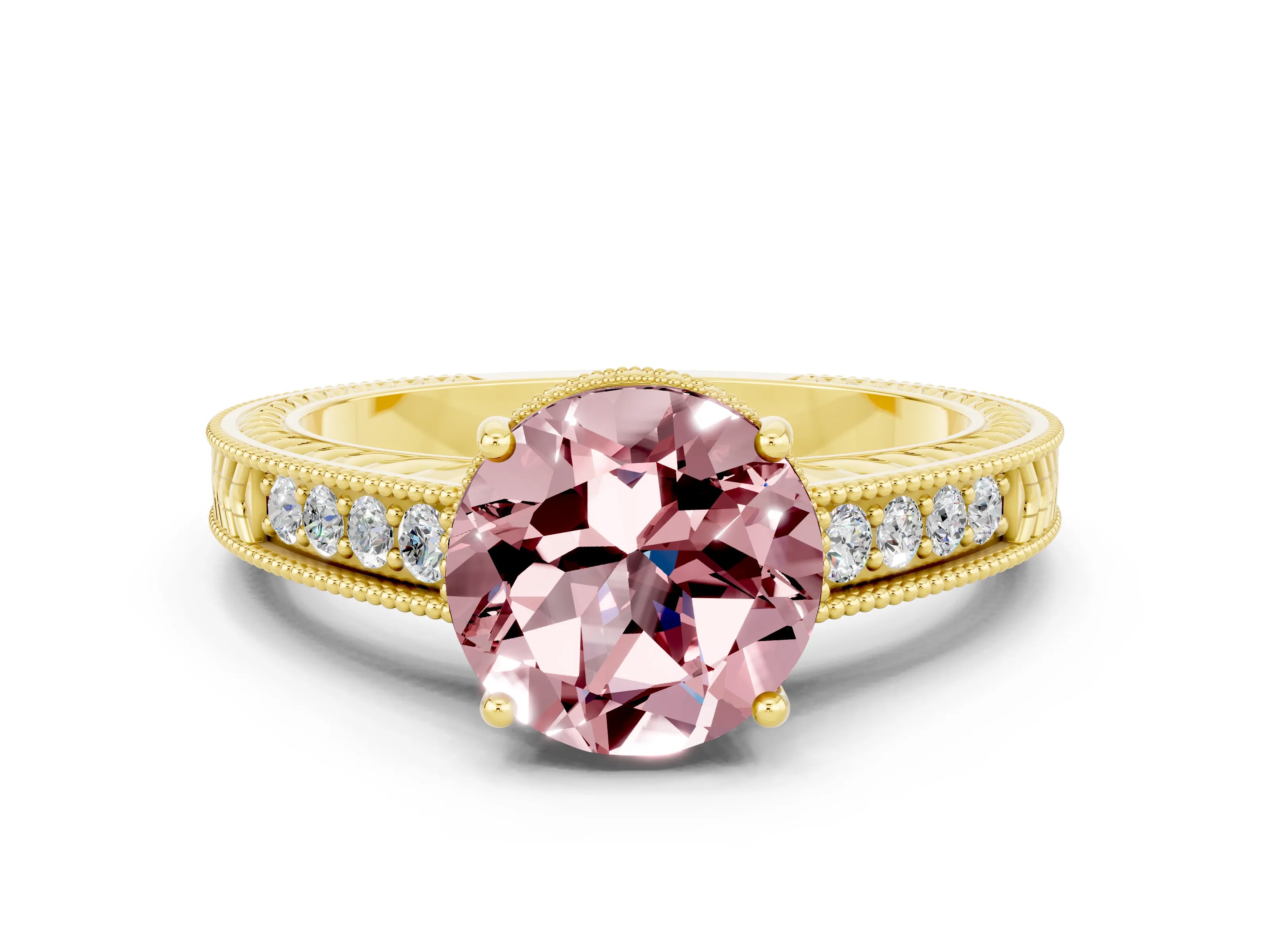 Yellow gold Round Cut Morganite Engagement Ring with Milgrain Channel Set Band and Prong Setting