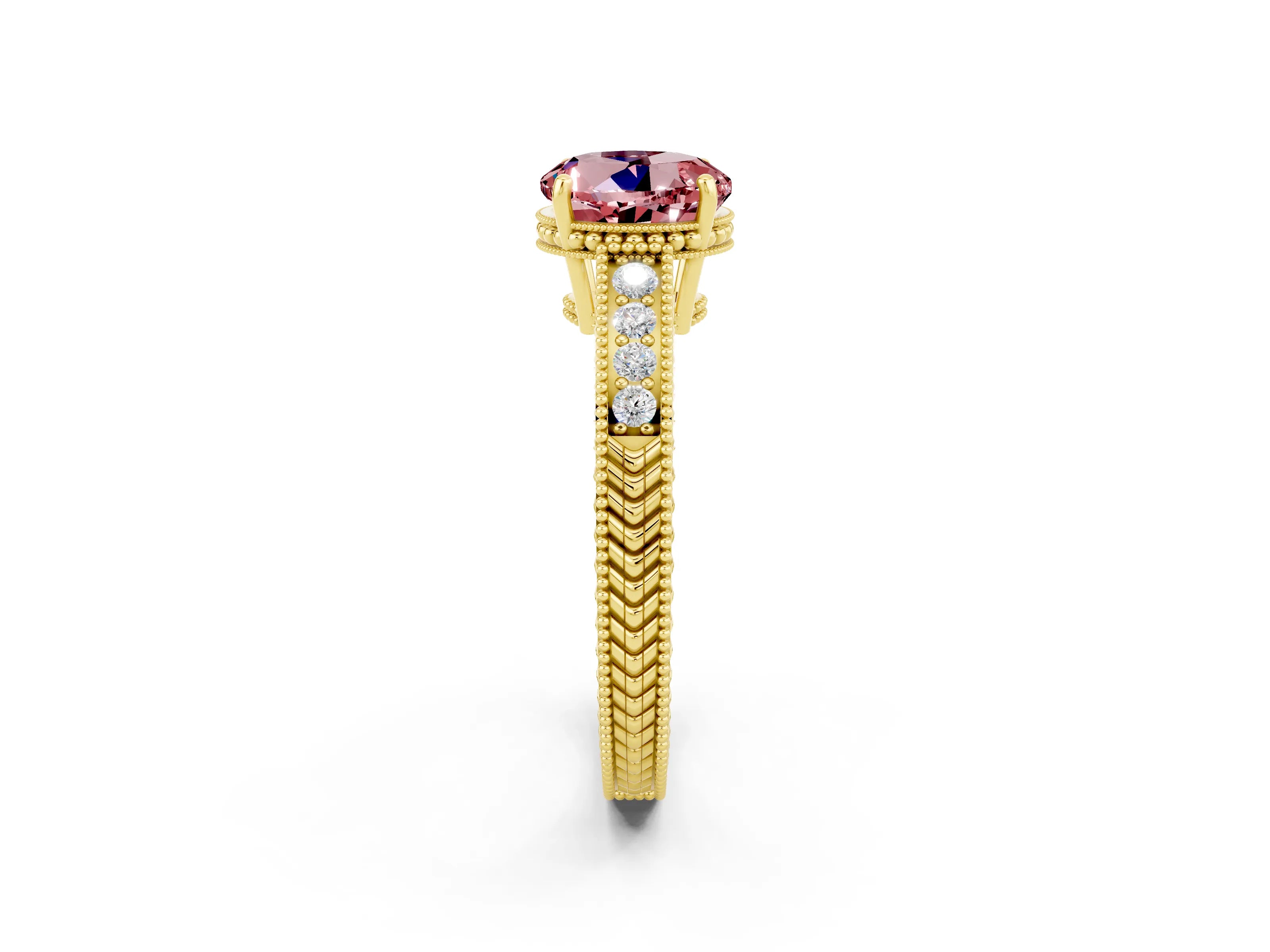 Yellow gold Round Cut Morganite Engagement Ring with Milgrain Channel Set Band and Prong Setting_2