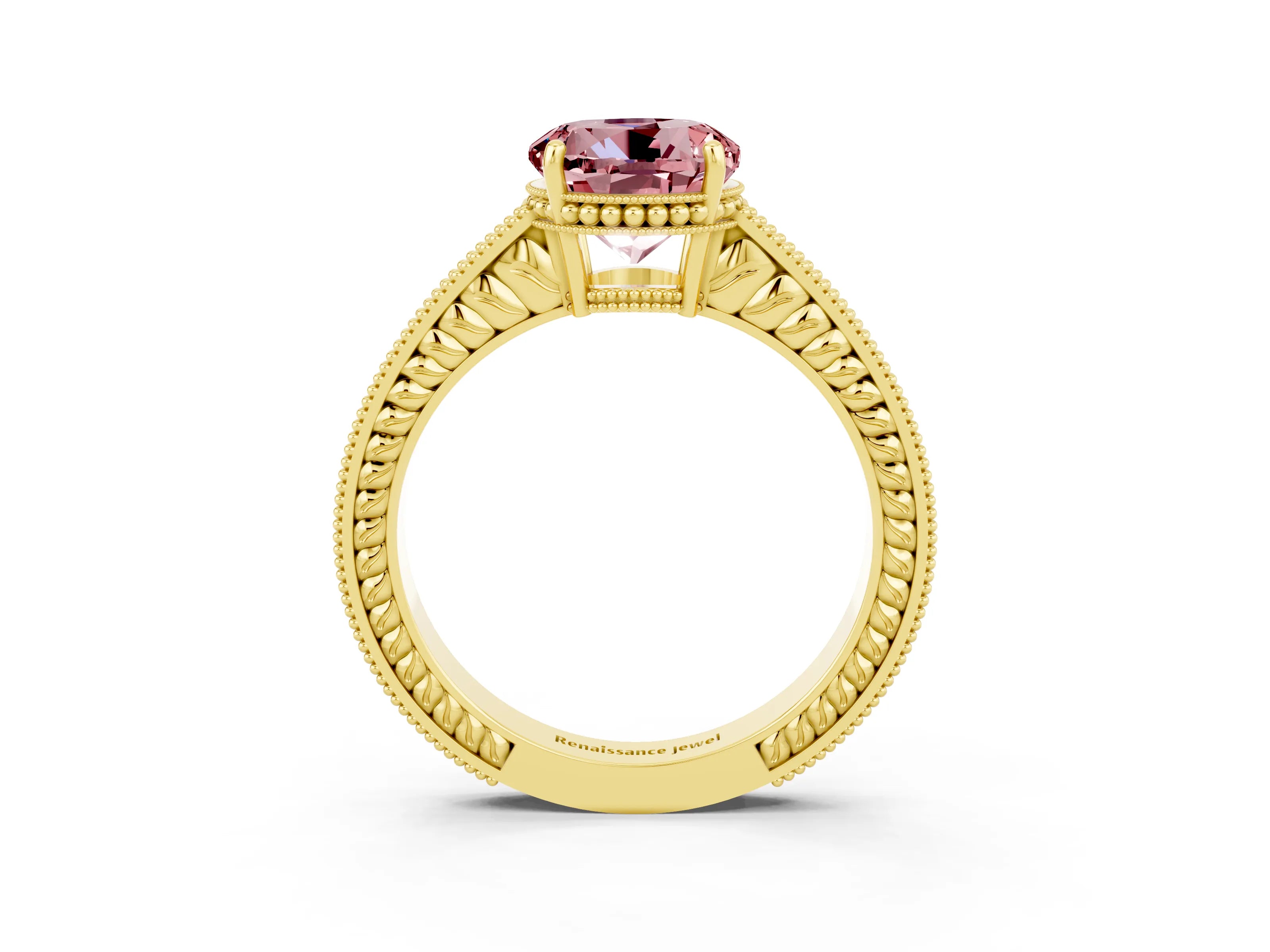Yellow gold Round Cut Morganite Engagement Ring with Milgrain Channel Set Band and Prong Setting_3