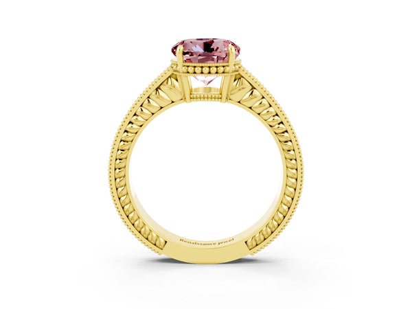 Yellow gold Round Cut Morganite Engagement Ring with Milgrain Channel Set Band and Prong Setting