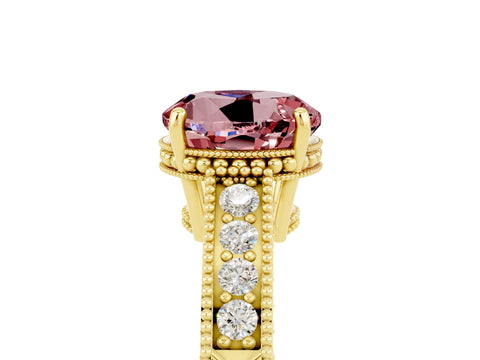 Yellow gold Round Cut Morganite Engagement Ring with Milgrain Channel Set Band and Prong Setting_5