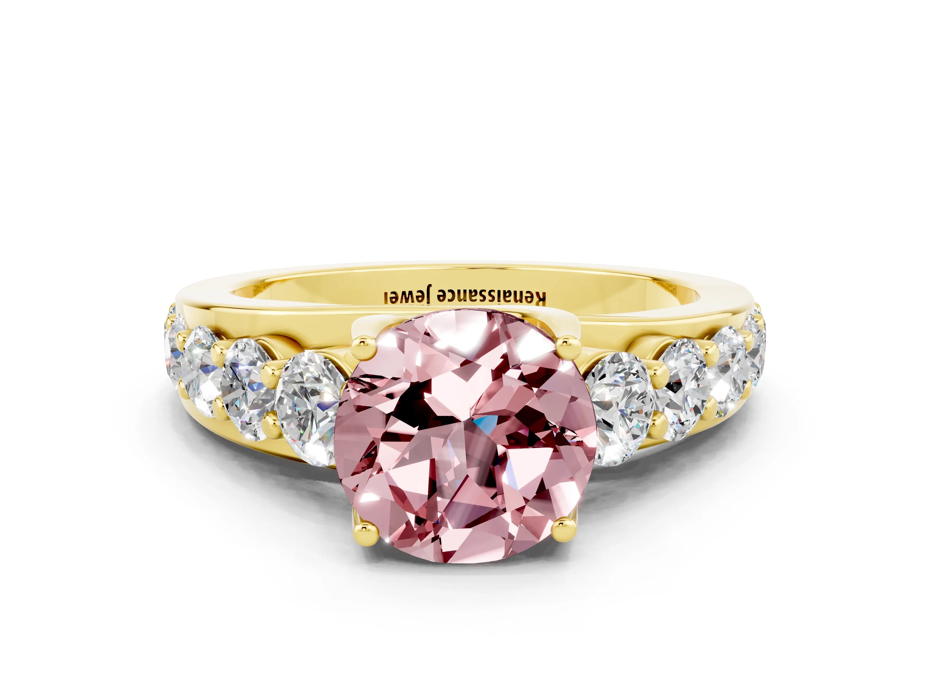 Yellow gold Round Cut Morganite Engagement Ring with Pavé Band and Four-Prong Setting