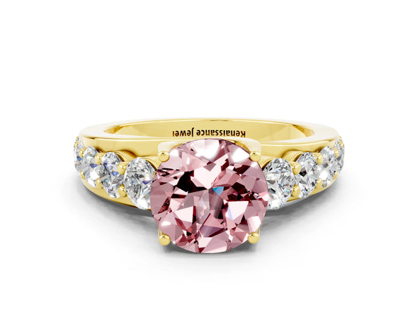 Yellow gold Round Cut Morganite Engagement Ring with Pavé Band and Four-Prong Setting