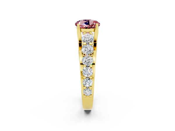 Yellow gold Round Cut Morganite Engagement Ring with Pavé Band and Four-Prong Setting