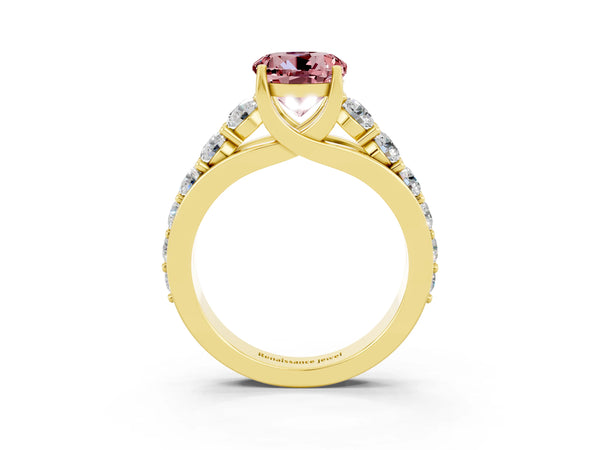 Yellow gold Round Cut Morganite Engagement Ring with Pavé Band and Four-Prong Setting
