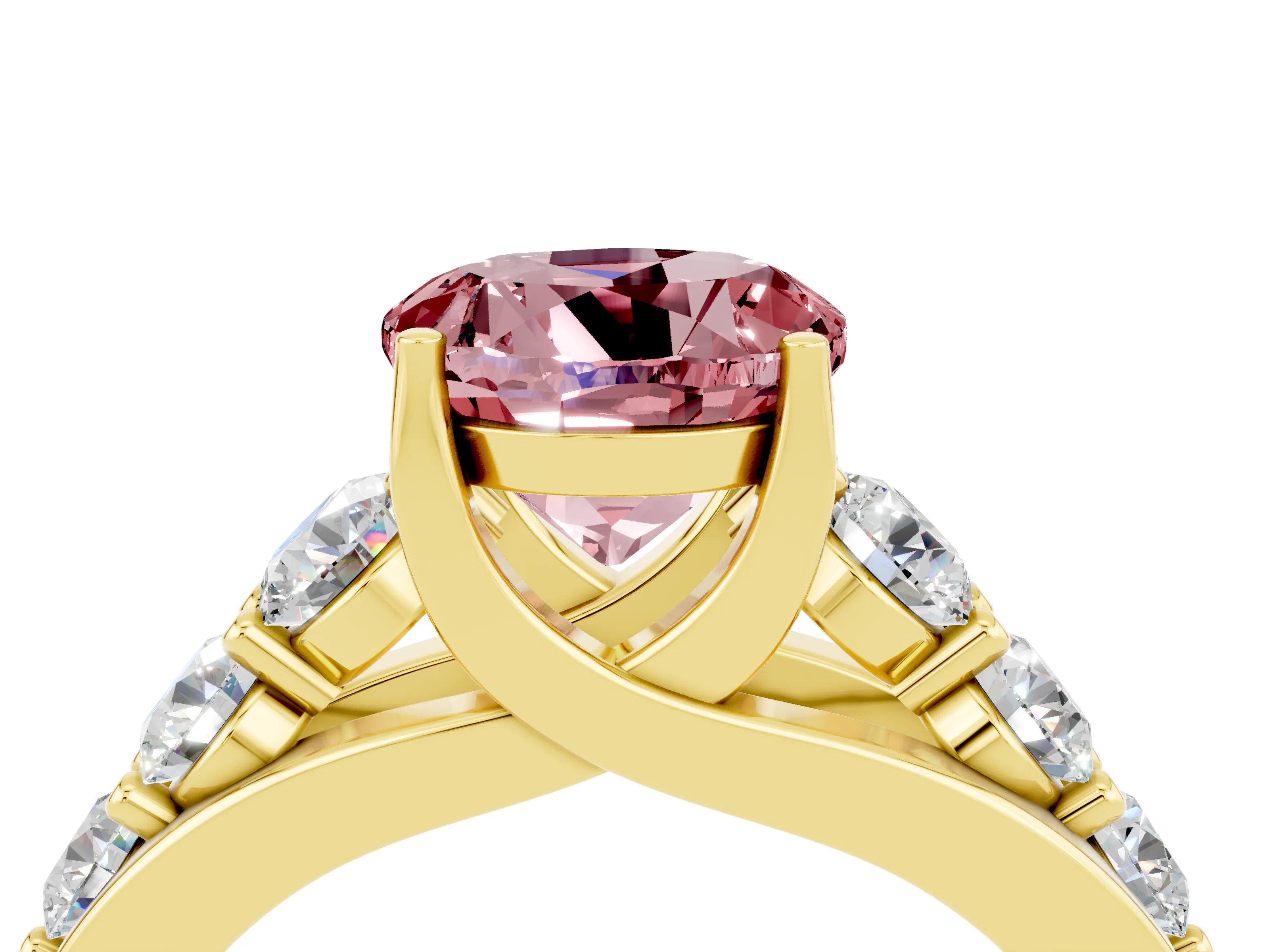 Yellow gold Round Cut Morganite Engagement Ring with Pavé Band and Four-Prong Setting_4