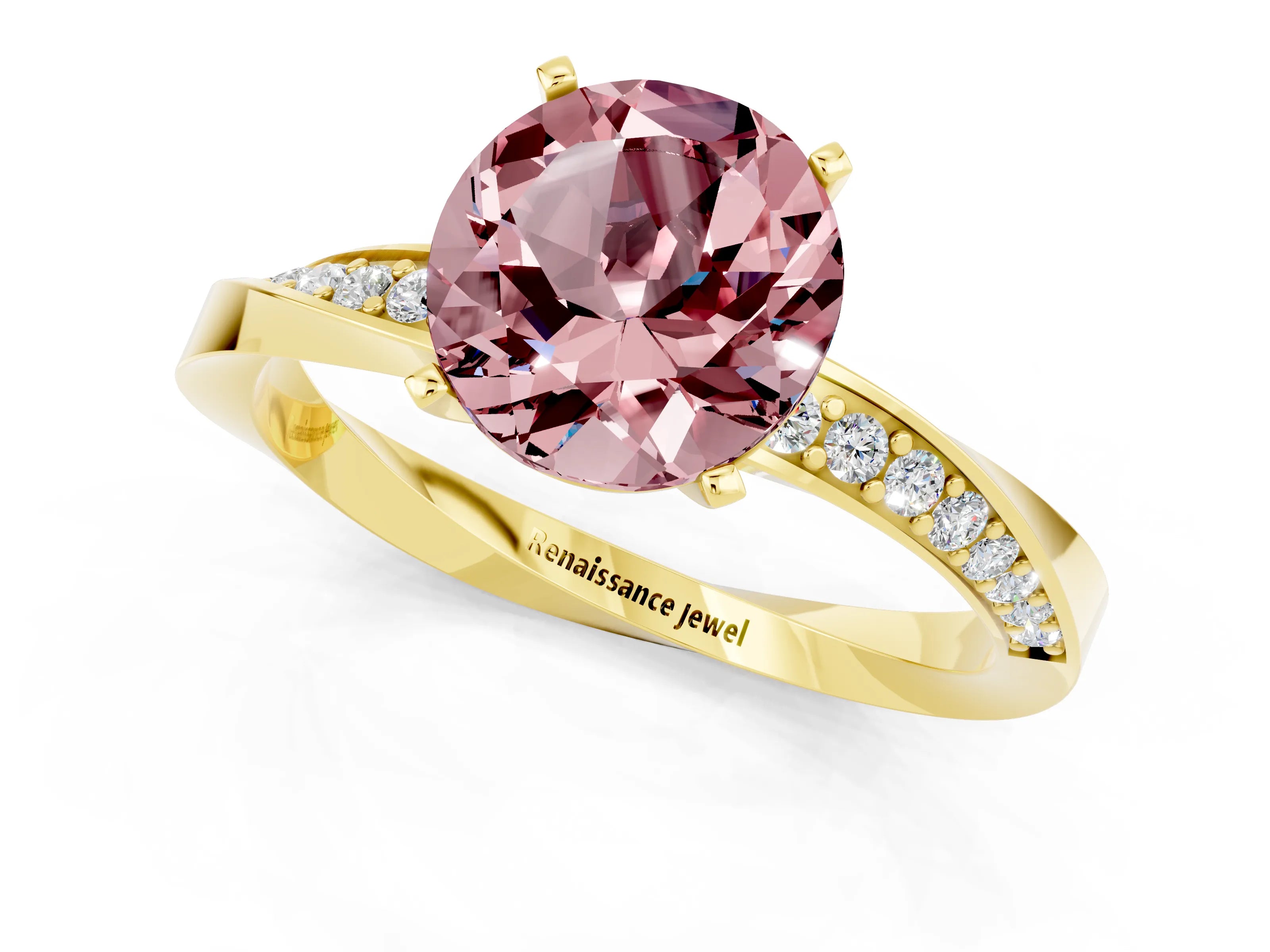 Yellow gold Round Cut Morganite Engagement Ring with Side Stone Accents and Four-Prong Setting_28