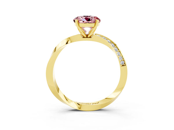 Yellow gold Round Cut Morganite Engagement Ring with Side Stone Accents and Four-Prong Setting