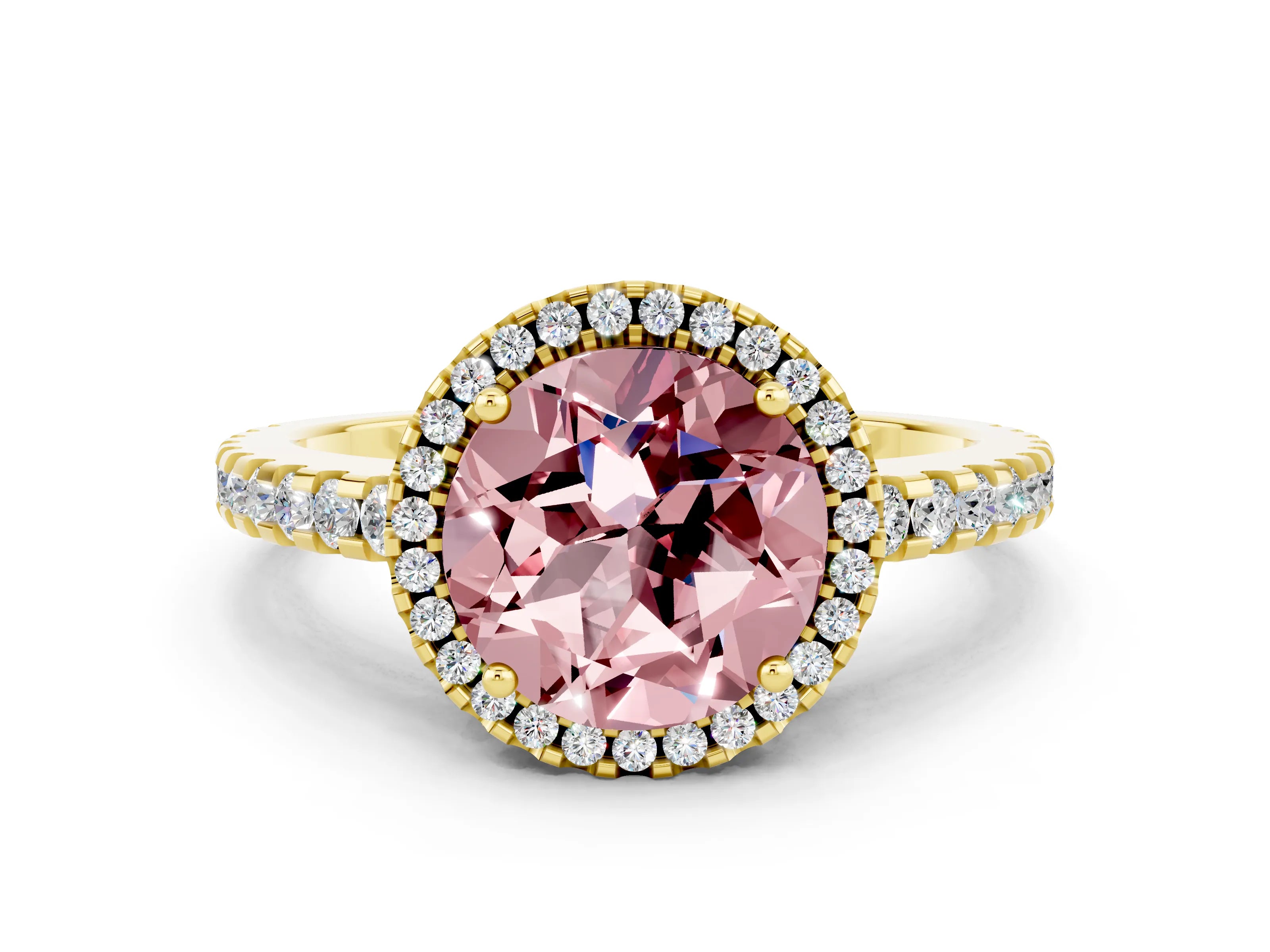 Yellow gold Round Cut Morganite Halo Engagement Ring with Pavé Band and Prong Setting_12