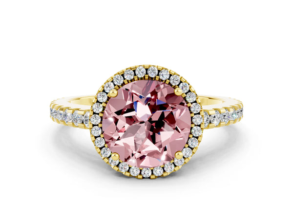 Yellow gold Round Cut Morganite Halo Engagement Ring with Pavé Band and Prong Setting