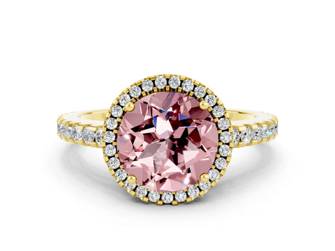 Yellow gold Round Cut Morganite Halo Engagement Ring with Pavé Band and Prong Setting_12