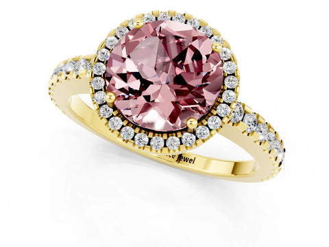 Yellow gold Round Cut Morganite Halo Engagement Ring with Pavé Band and Prong Setting_13
