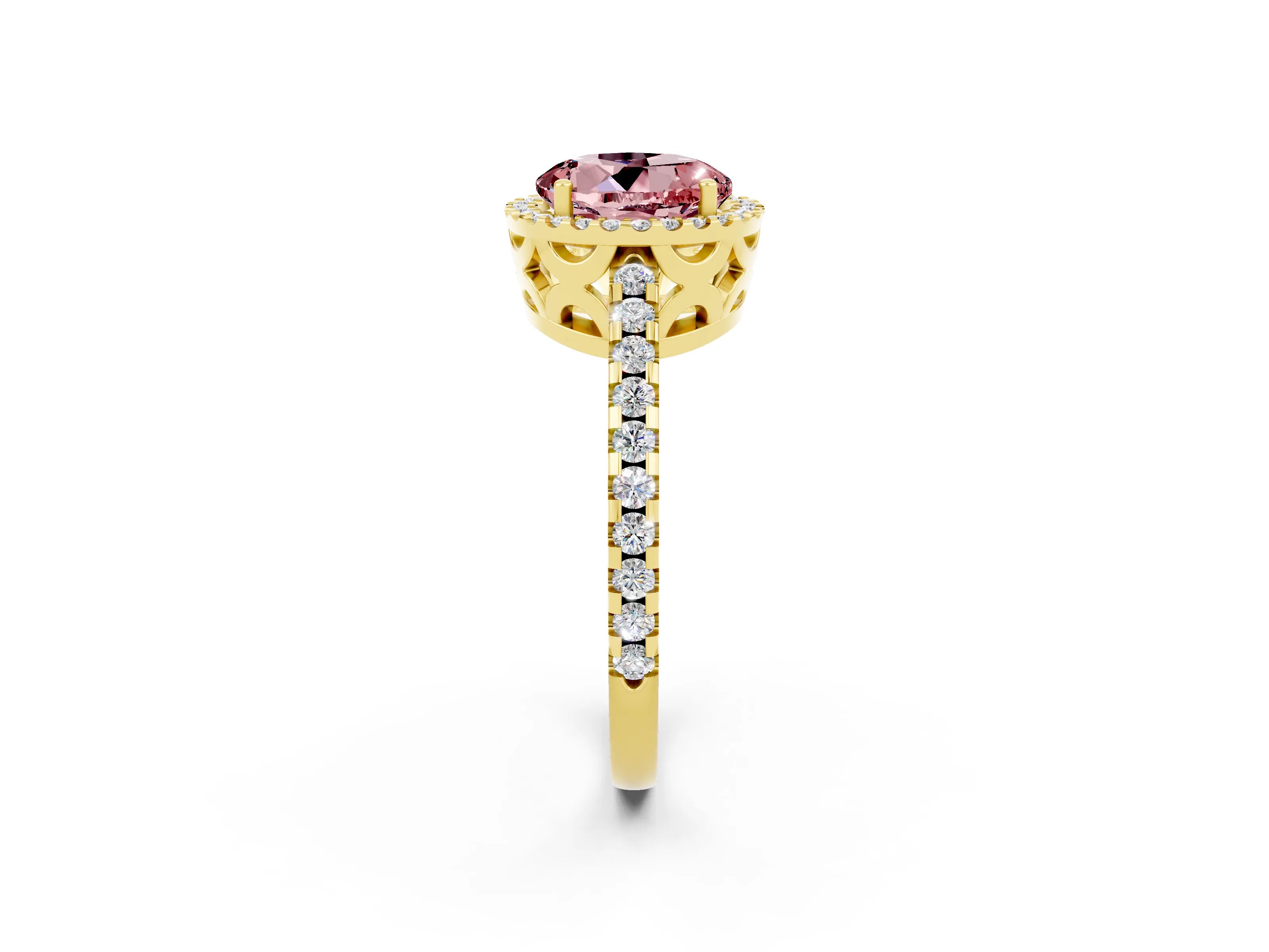 Yellow gold Round Cut Morganite Halo Engagement Ring with Pavé Band and Prong Setting_14