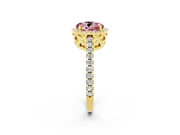 Yellow gold Round Cut Morganite Halo Engagement Ring with Pavé Band and Prong Setting