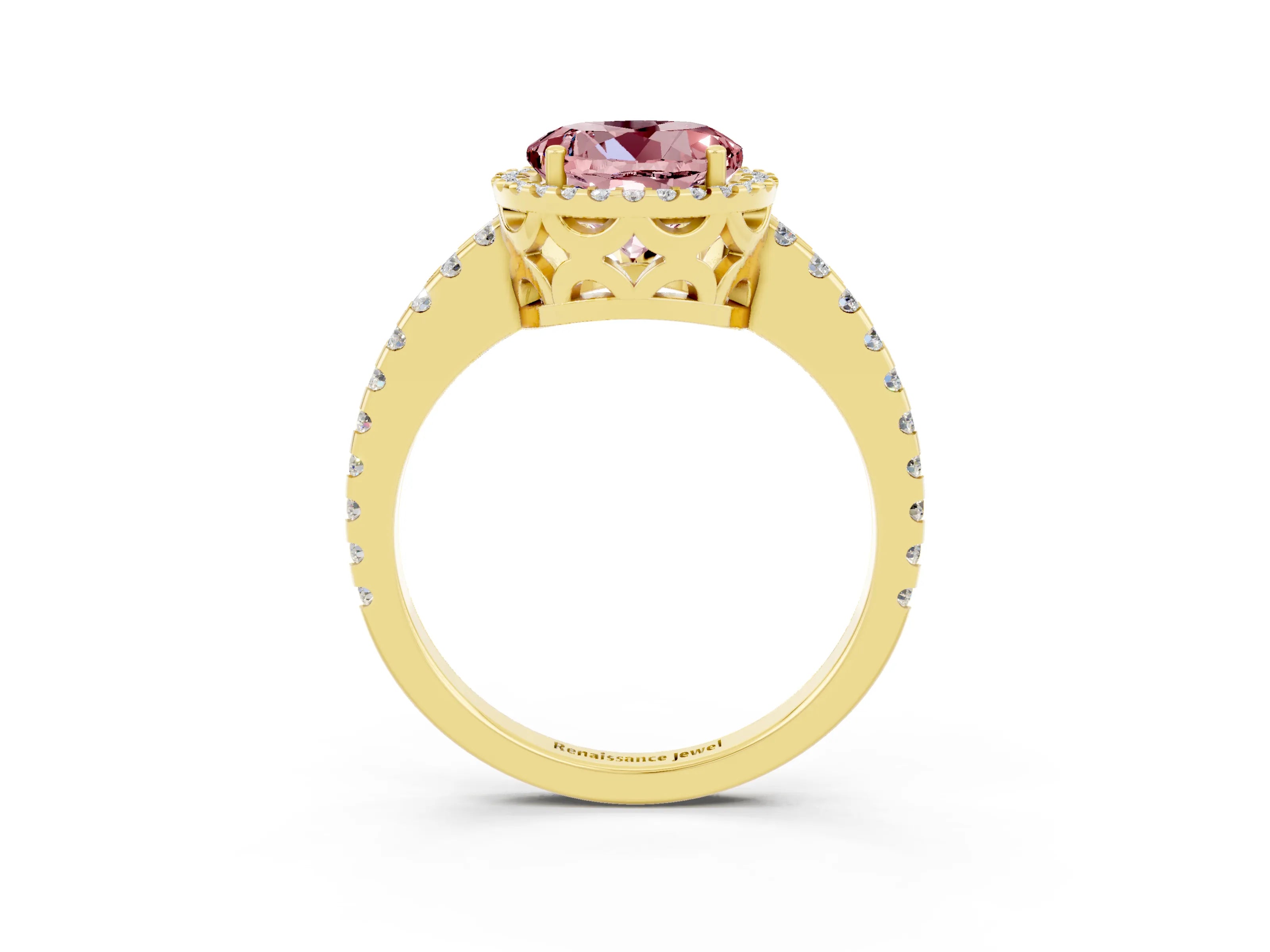 Yellow gold Round Cut Morganite Halo Engagement Ring with Pavé Band and Prong Setting_15