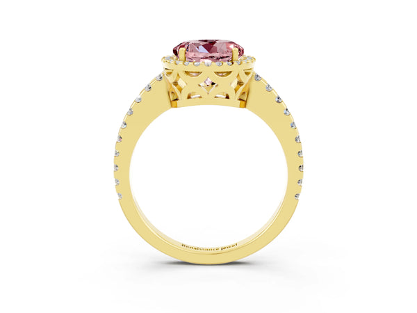 Yellow gold Round Cut Morganite Halo Engagement Ring with Pavé Band and Prong Setting