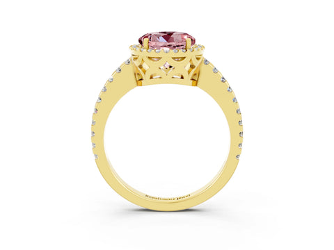 Yellow gold Round Cut Morganite Halo Engagement Ring with Pavé Band and Prong Setting_15