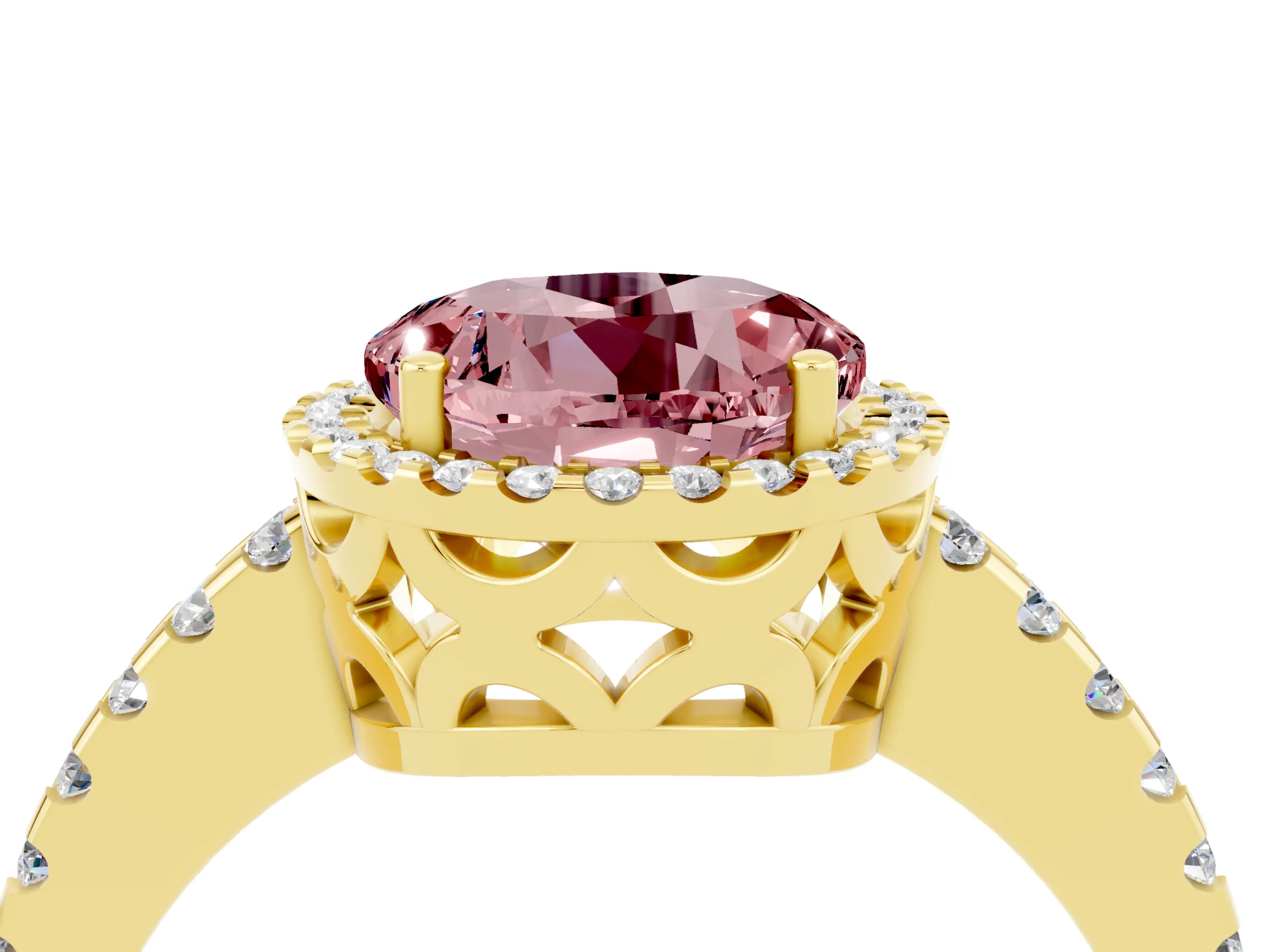 Yellow gold Round Cut Morganite Halo Engagement Ring with Pavé Band and Prong Setting_16