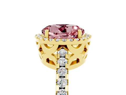 Yellow gold Round Cut Morganite Halo Engagement Ring with Pavé Band and Prong Setting_17