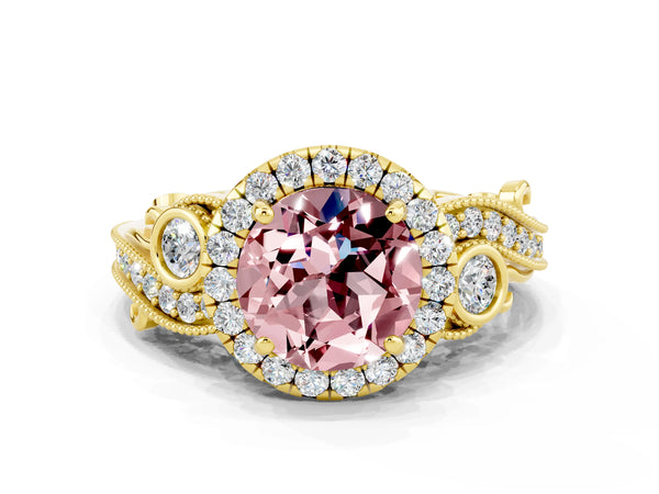 Yellow gold Round Cut Morganite Halo Ring with Milgrain Pavé Band and Four-Prong Setting