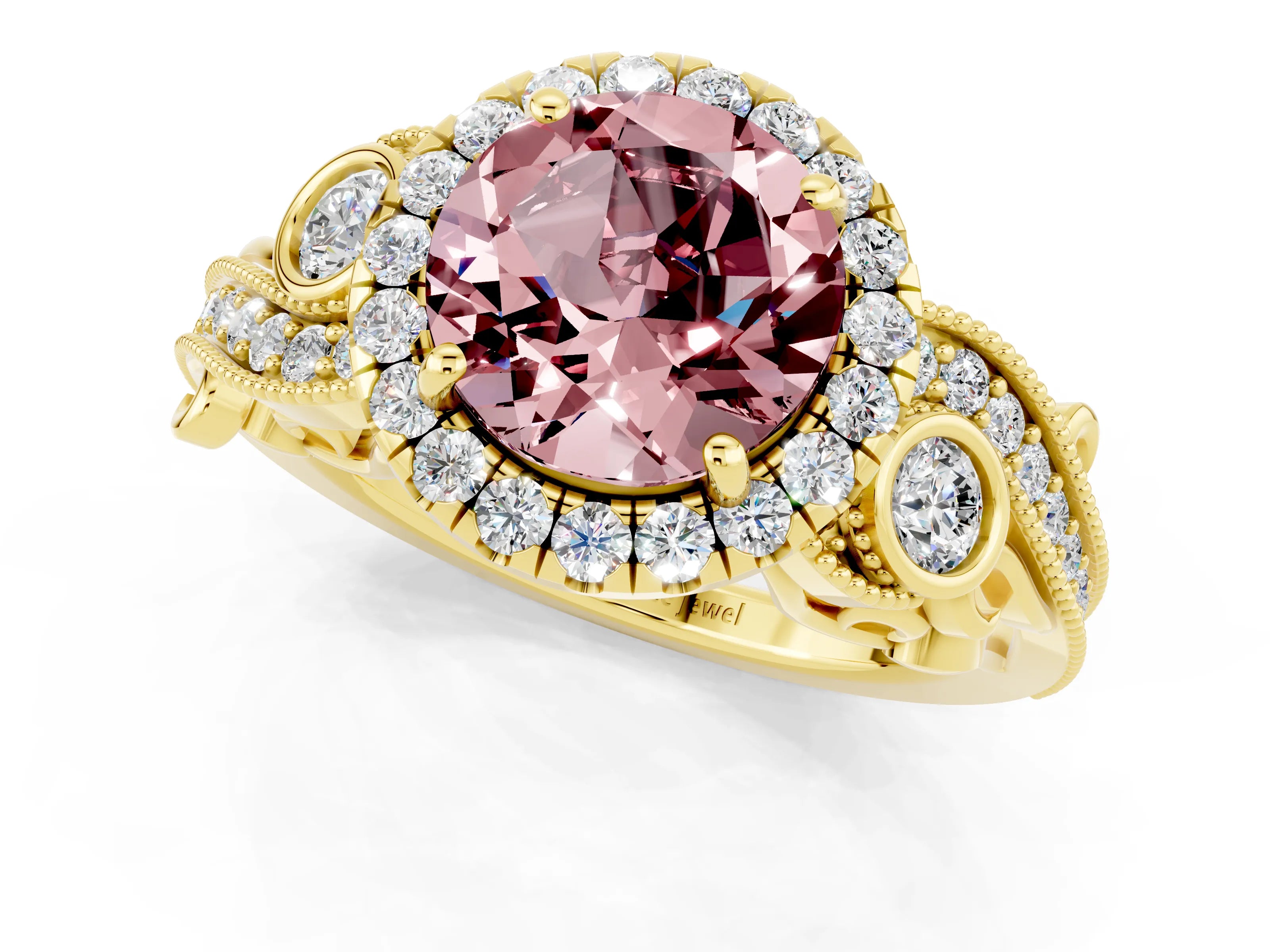 Yellow gold Round Cut Morganite Halo Ring with Milgrain Pavé Band and Four-Prong Setting_13
