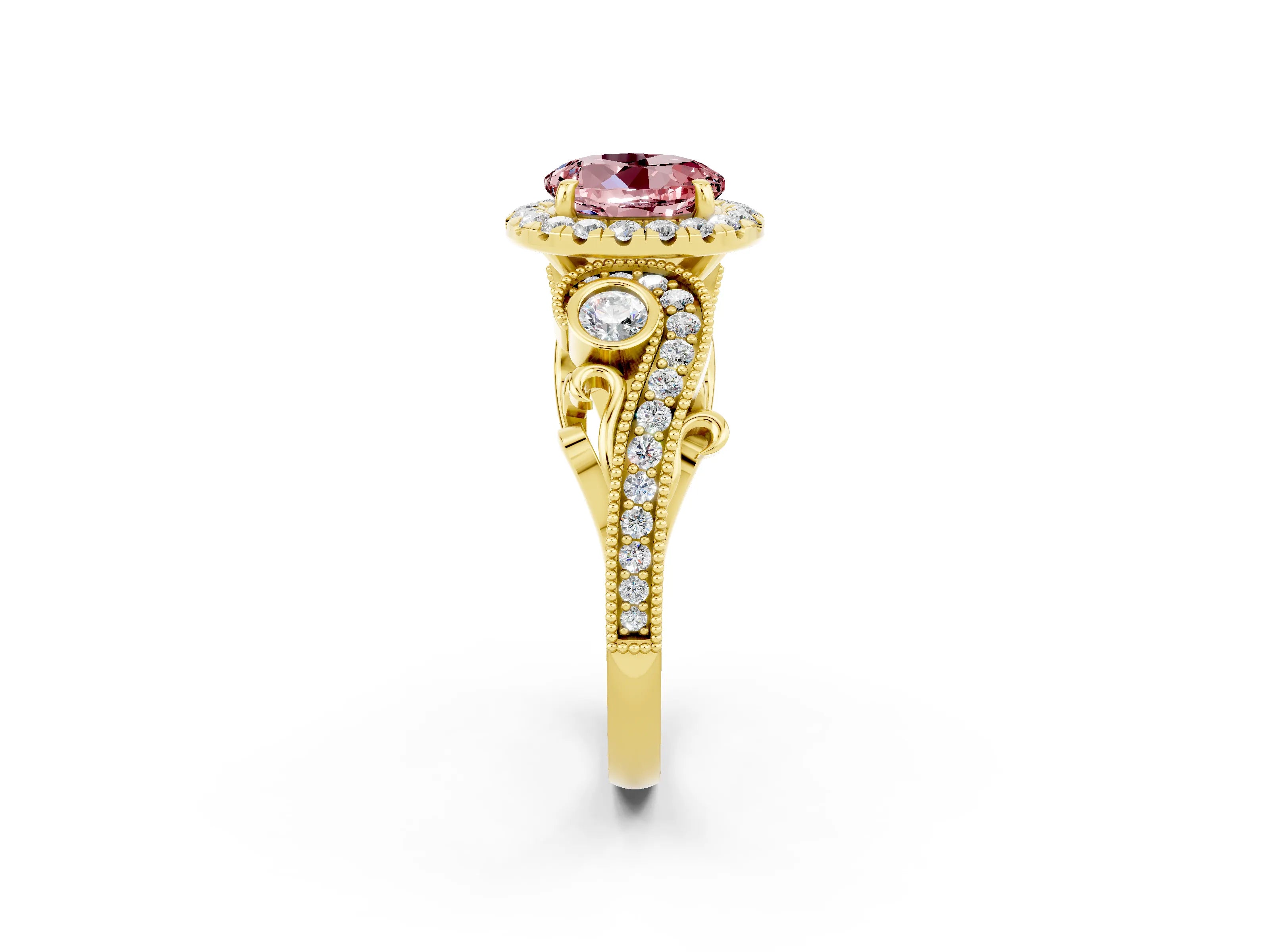 Yellow gold Round Cut Morganite Halo Ring with Milgrain Pavé Band and Four-Prong Setting_14